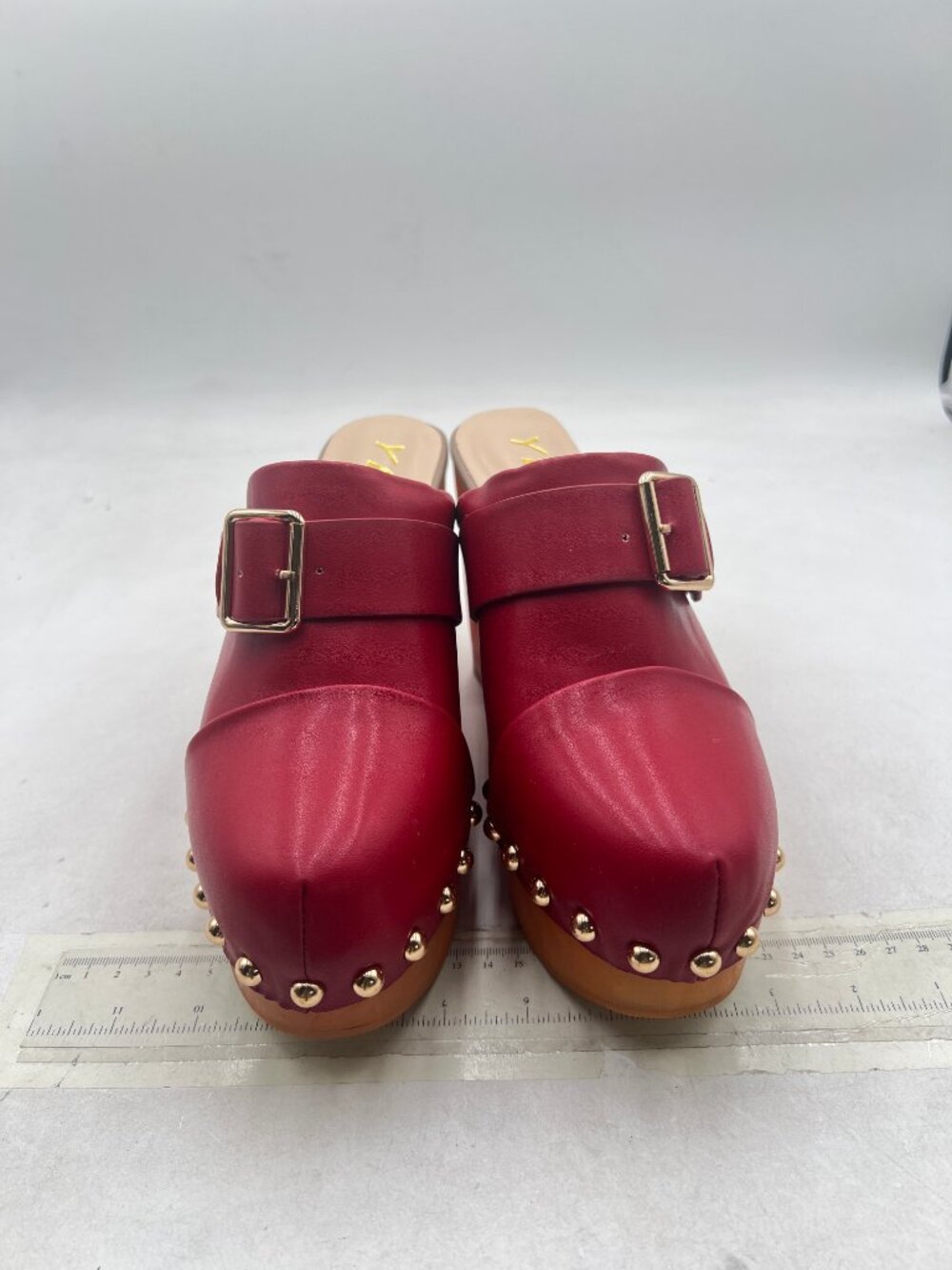 YDN Red Chic Platform Closed Round Toe Mules Rivet Studded Block Heels Sandals - Picture 3 of 8